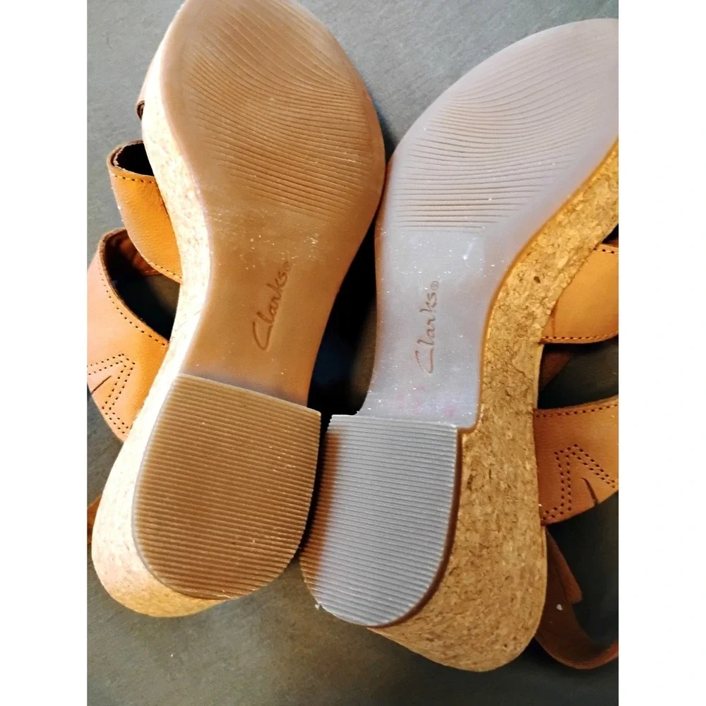 Clarks Collection Giselle Beach Tan Leather Platform Wedge Sandals Sz 8.5 M